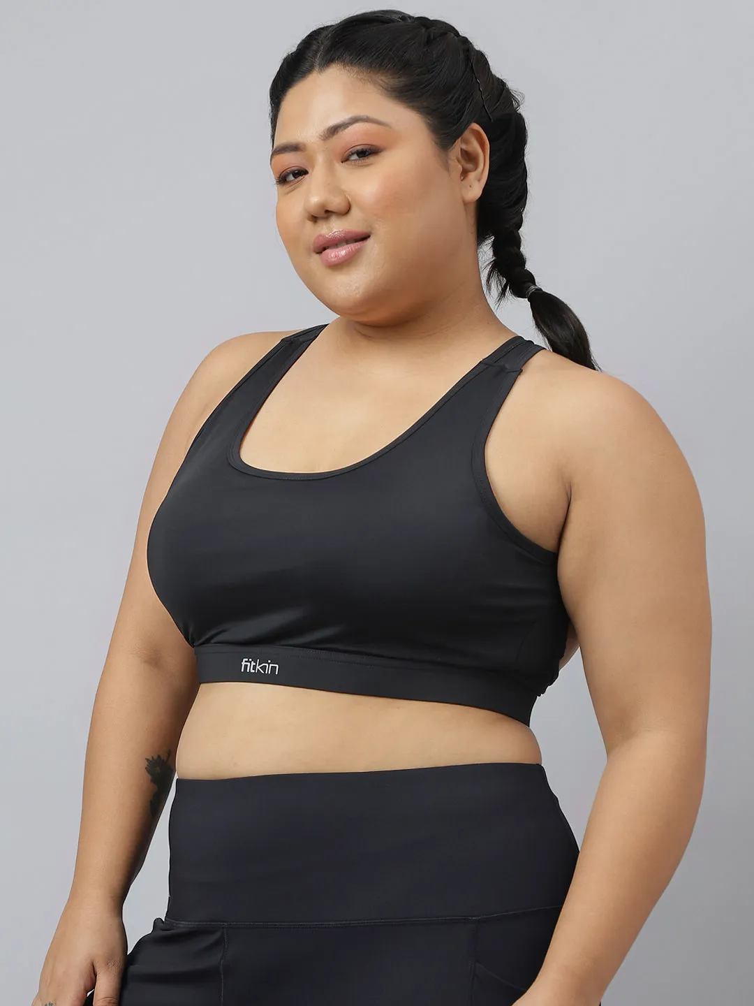 Fikin Plus Size Multi Strap Medium Support Black Sports Bra