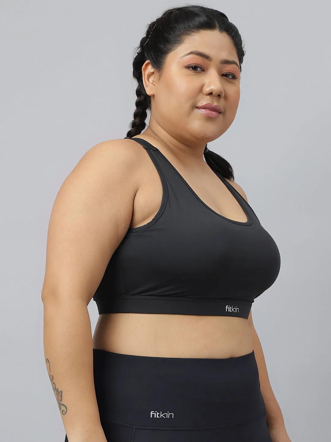 Fikin Plus Size Multi Strap Medium Support Black Sports Bra
