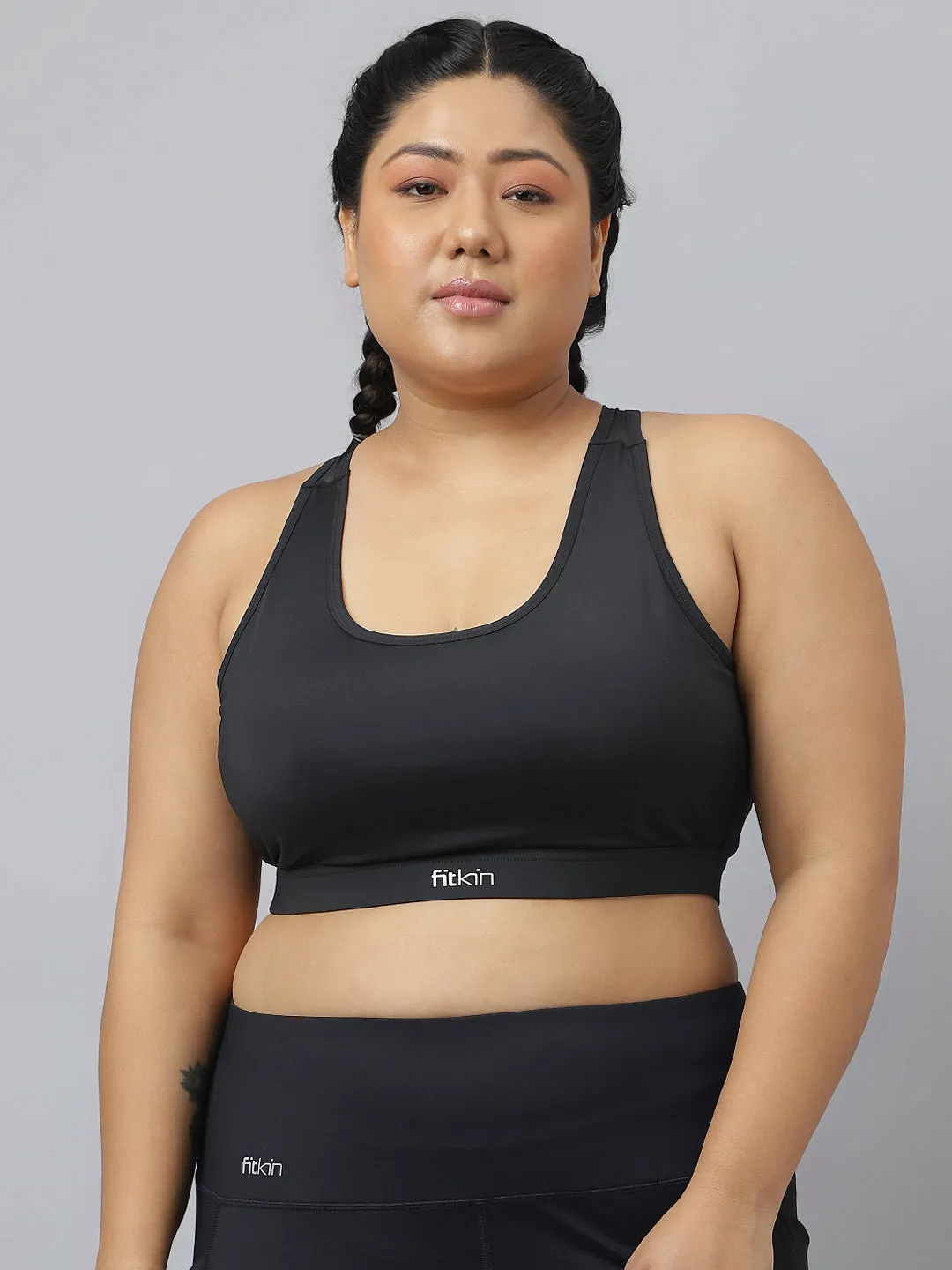 Fikin Plus Size Multi Strap Medium Support Black Sports Bra