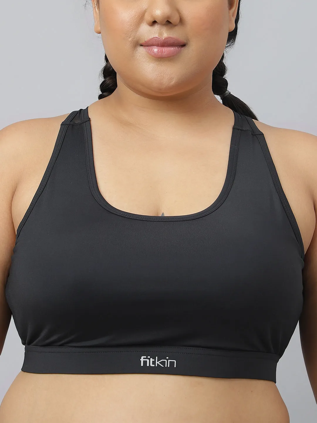 Fikin Plus Size Multi Strap Medium Support Black Sports Bra