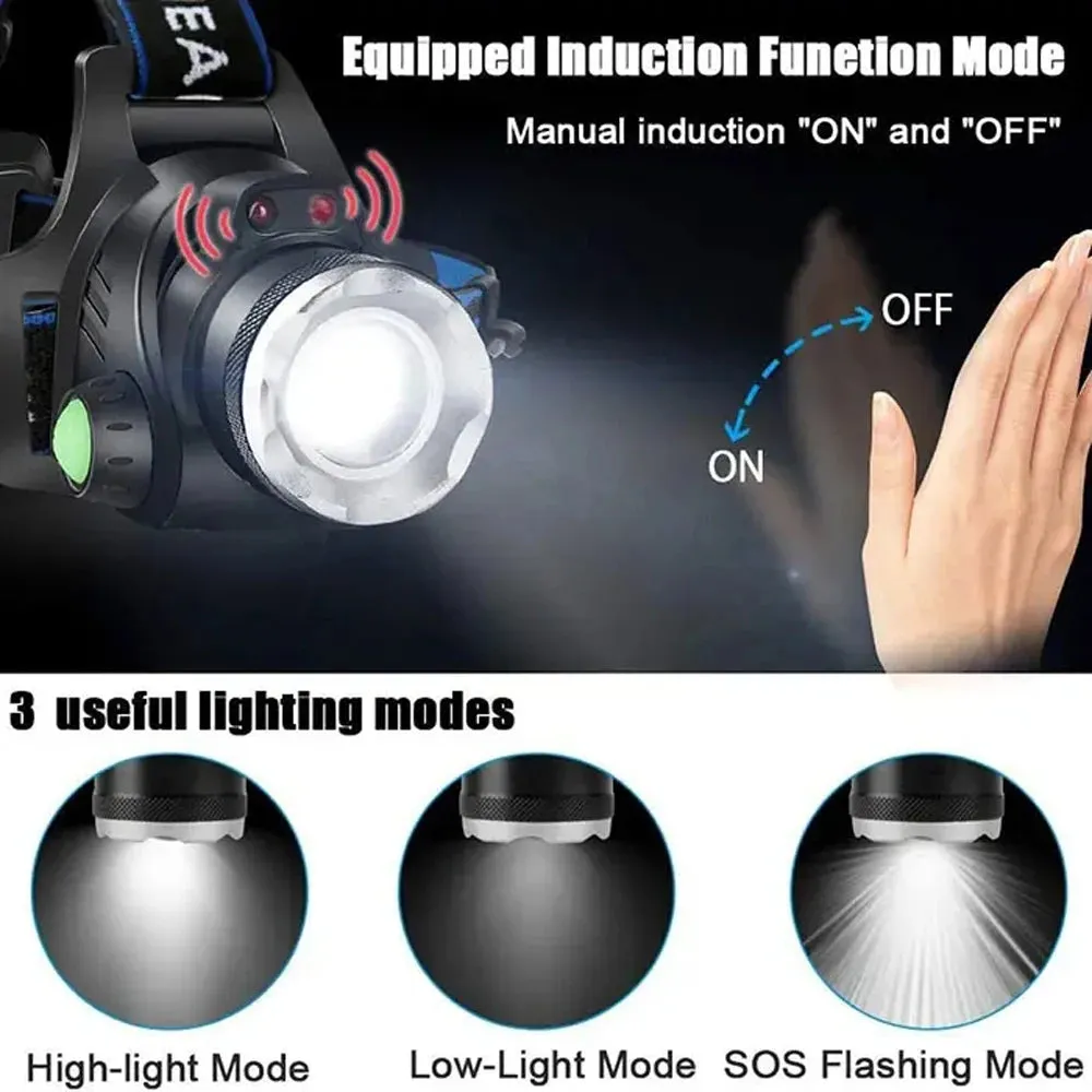 Rechargeable Headlamp Headlight Motion Sensor Led light Lantern Fishing Camping